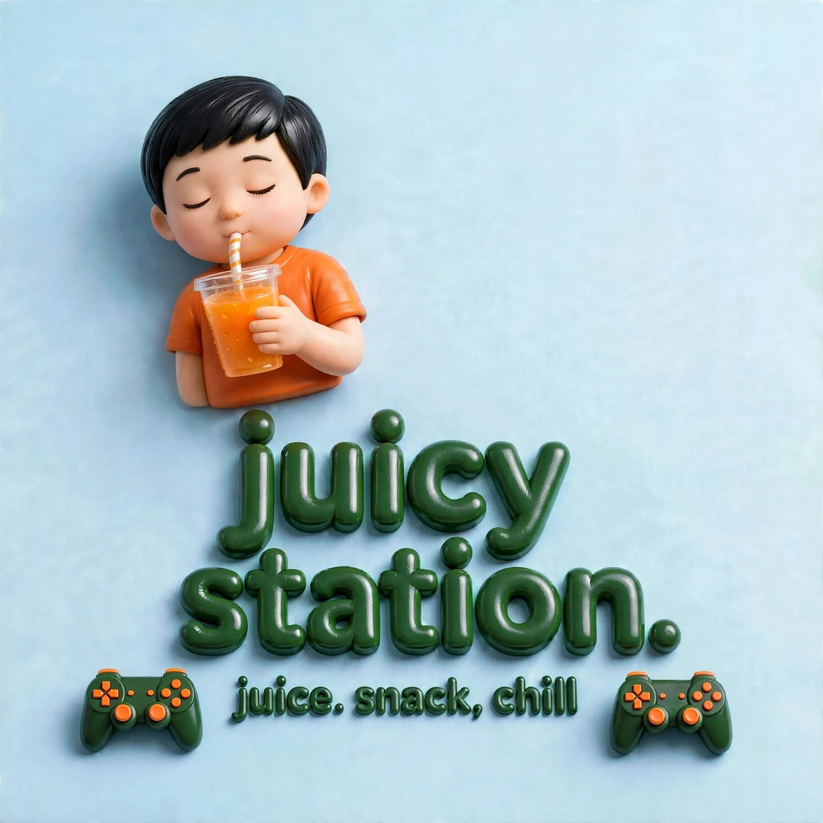 لوجو جوسي ستيشن: طفل يشرب عصيرًا وشعار juice, snack, chill